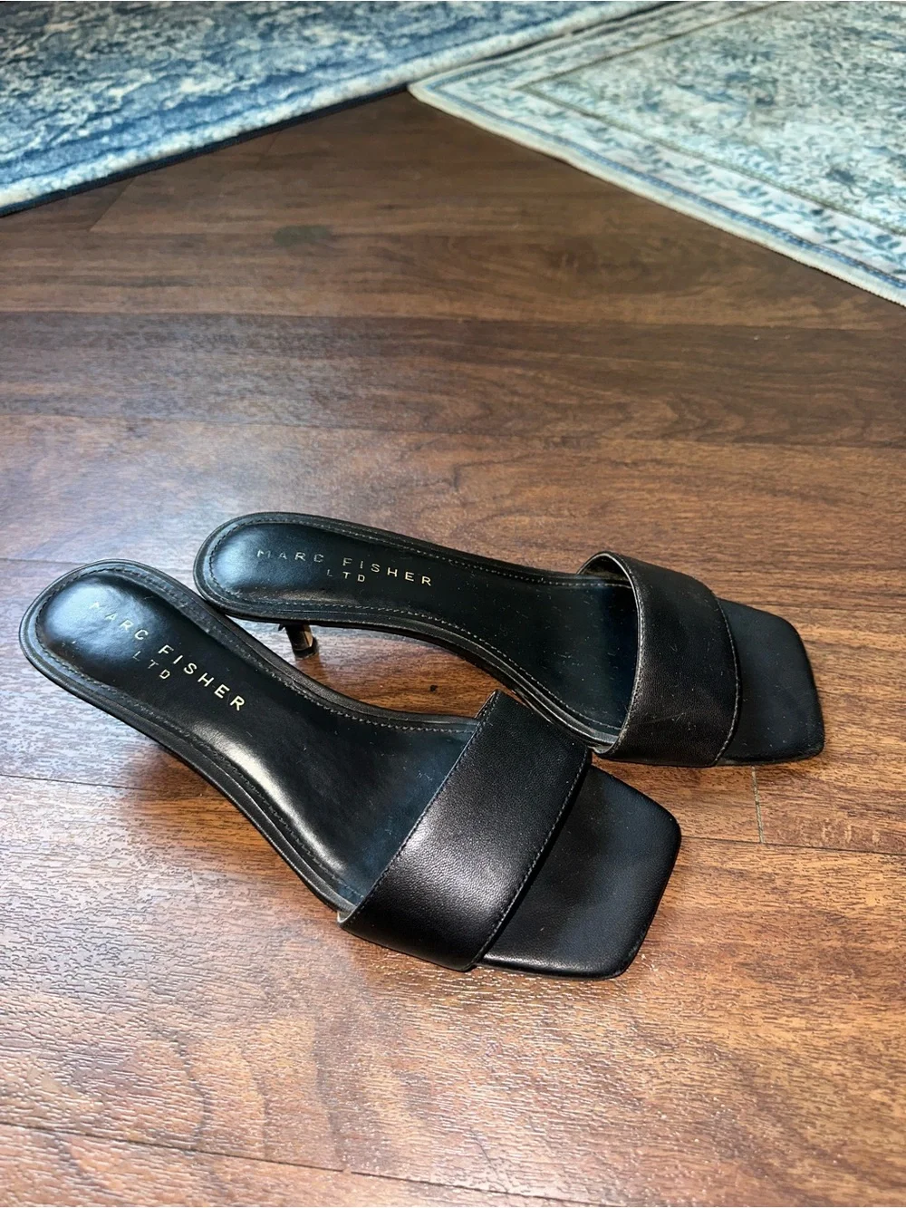 Marc Fisher Black Square Strap Mule Heels